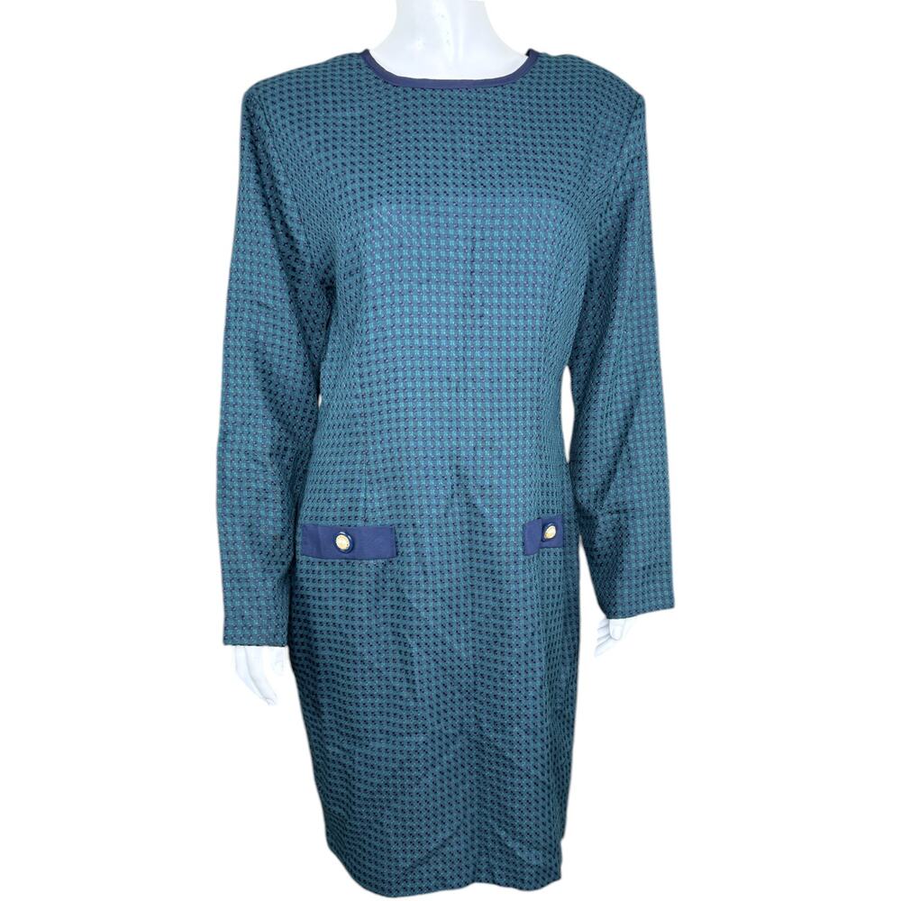 Miz California Green‎ Navy Weave Plaid Vintage Career Dress Womens 12 Midi